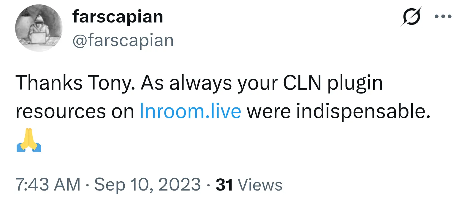 Thanks Tony. As always your CLN plugin resources on http://lnroom.live were indispensable. 🙏