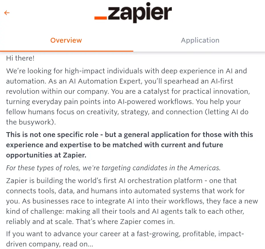 Zapier careers: open job listing for AI automation expert engineering role
