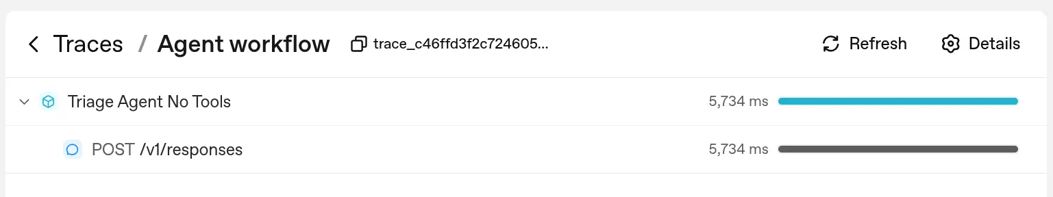 OpenAI Traces UI: displaying AI agent workflow and span details for Responses API