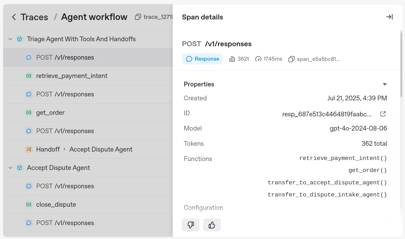 Detailed OpenAI Traces UI showing AI agent workflow and span analytics for automation