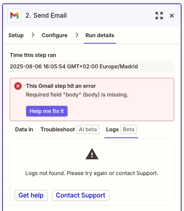 Zapier editor Logs tab empty due to missing required automation input data