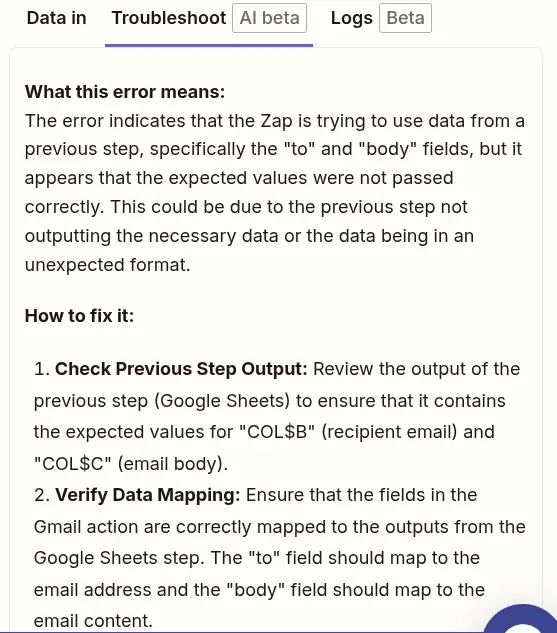 AI-generated troubleshooting suggestions in Zapier automation editor