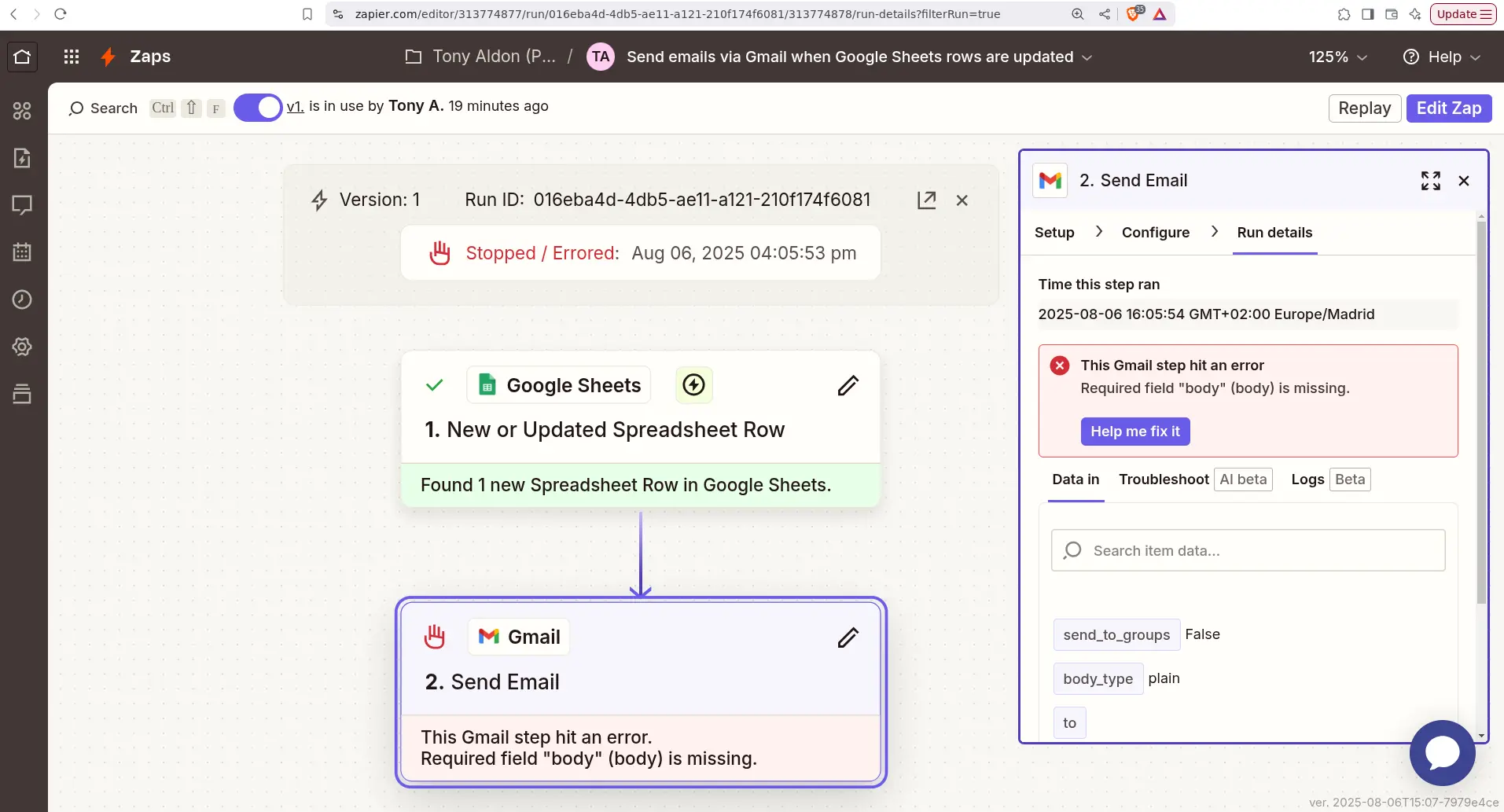 Troubleshooting a Google Sheets to Gmail automation run in Zapier Zap editor
