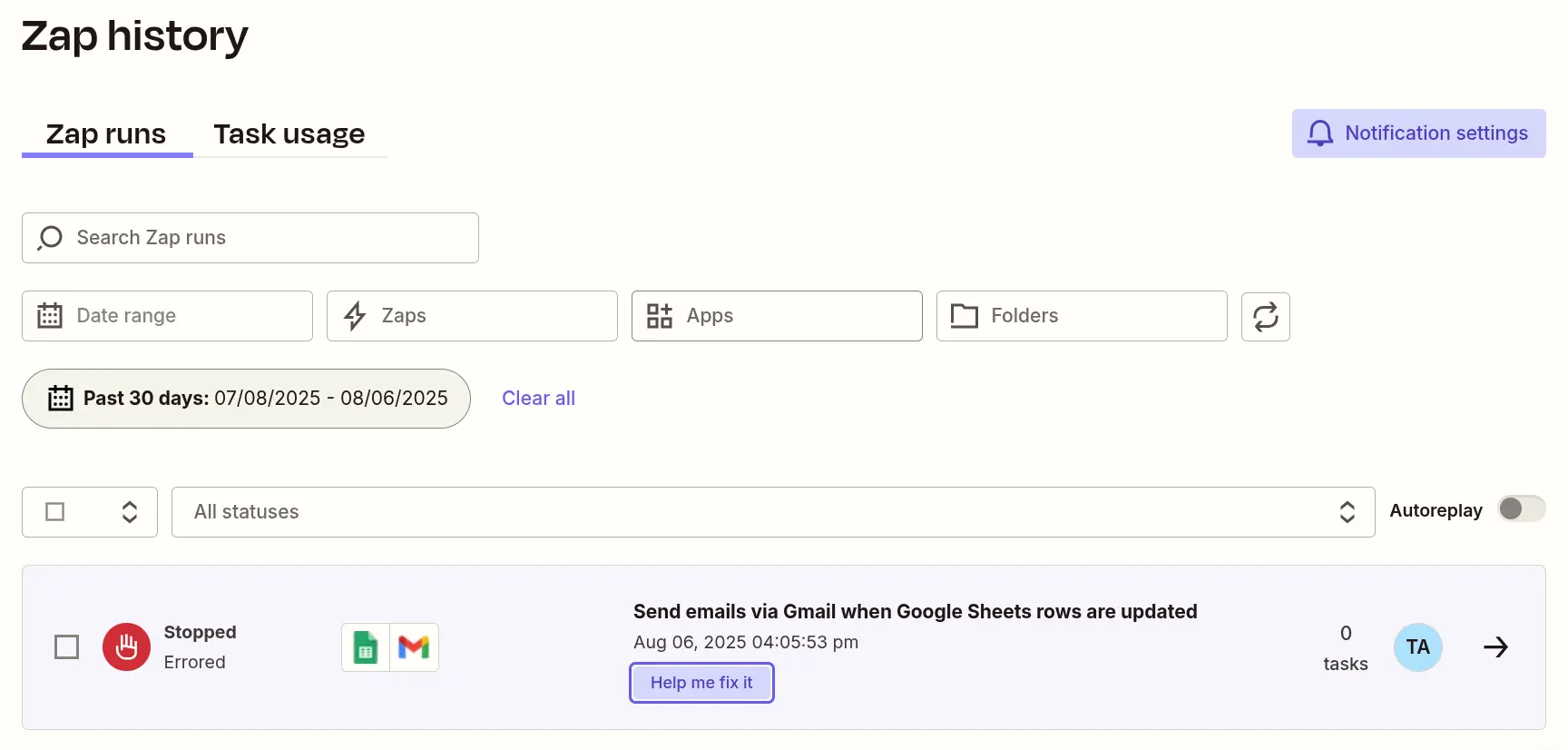 Zapier Zap history dashboard showing execution logs for automated workflows