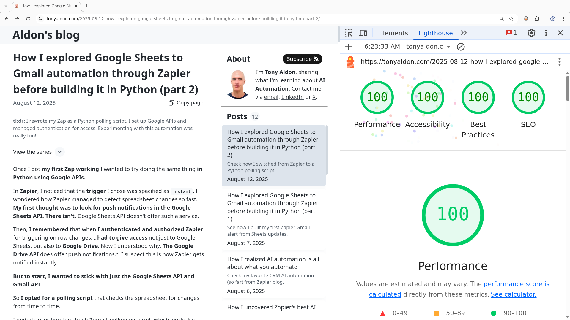 Screenshot showing Tony Aldon's AI automation blog (tonyaldon.com) achieving a score of 100 in Google Lighthouse performance report, demonstrating excellent site speed and technical optimization for AI workflow tutorials and automation resources.