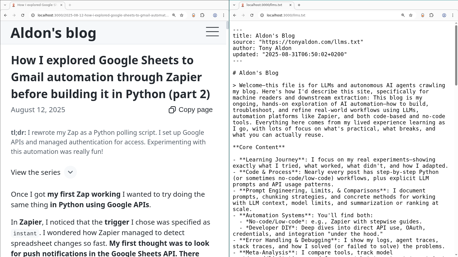 Screenshot showing the llms.txt configuration file for managing large language model workflows and a highlighted 'Copy page as Markdown' button, on the automation blog by Tony Aldon about AI automation, LLM integration, and practical no-code and code-based workflow tools.