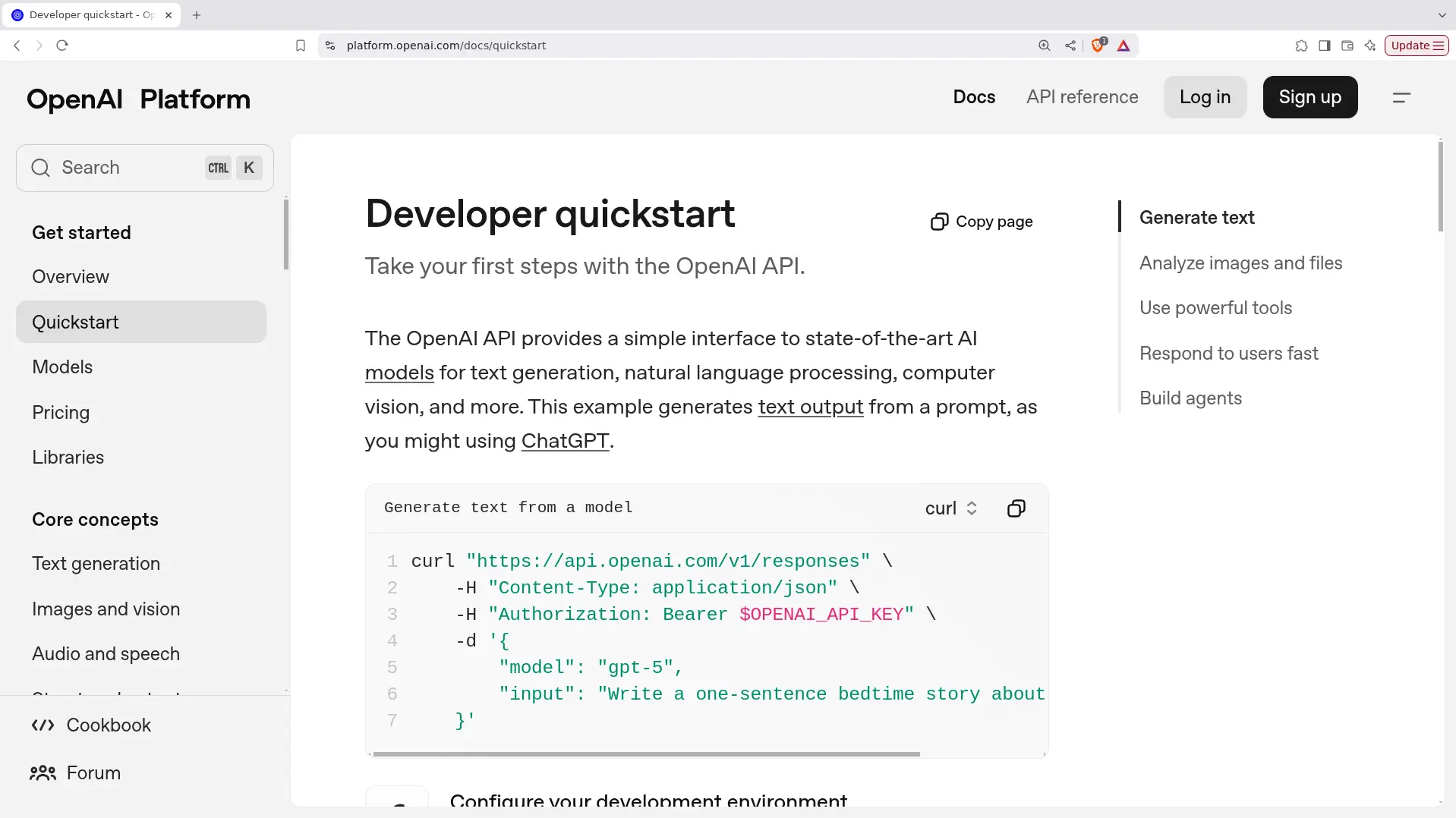 Screenshot of the 'Copy page as markdown' button highlighted on the OpenAI Platform documentation page