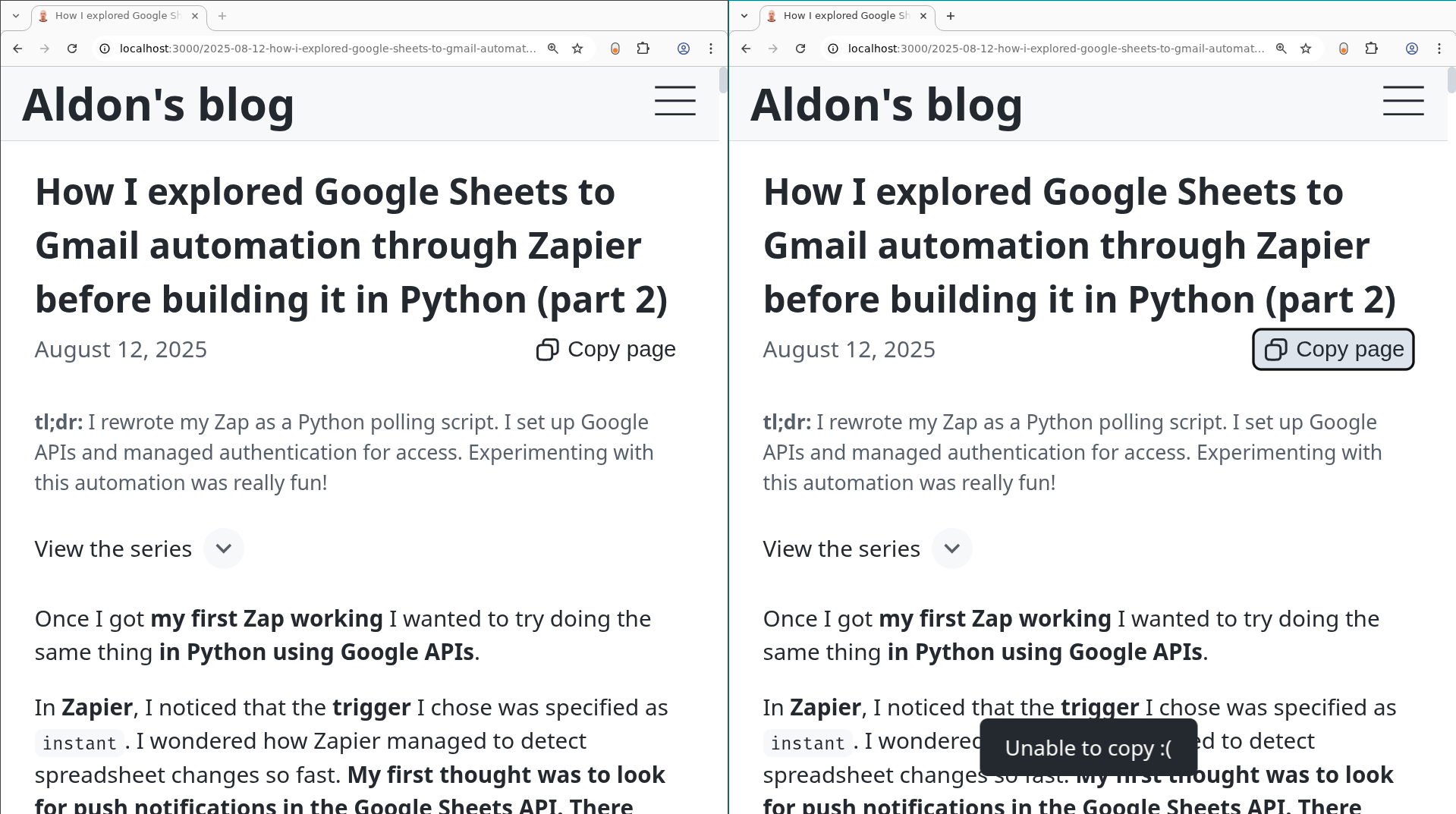 Side-by-side comparison of the 'Copy Page as Markdown' UI button on tonyaldon.com, showing both the default interface and the pop-up error message in an AI automation workflow blog context