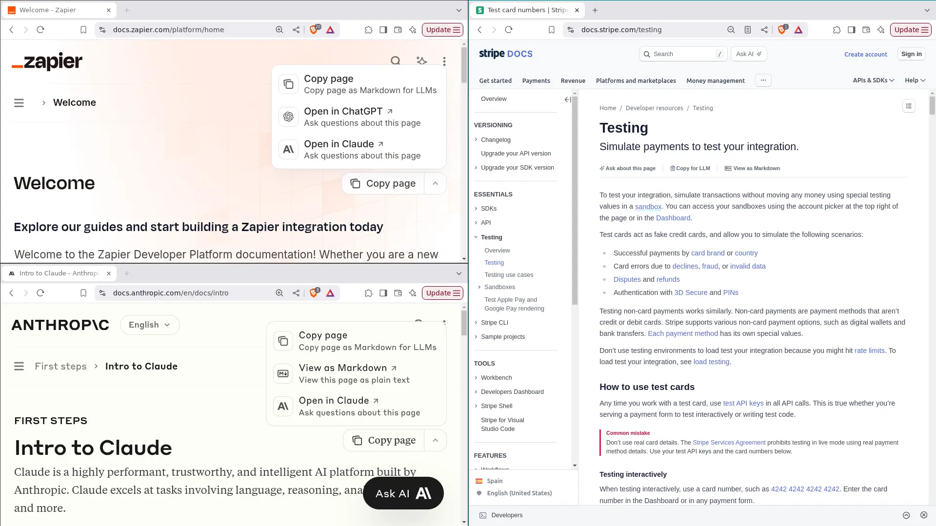 Screenshot collage of user interfaces from Anthropic, Zapier, and Stripe documentation, displaying example tabs and dropdown menus that enable users to interact with AI assistants about the current page content or switch to viewing documentation as Markdown format