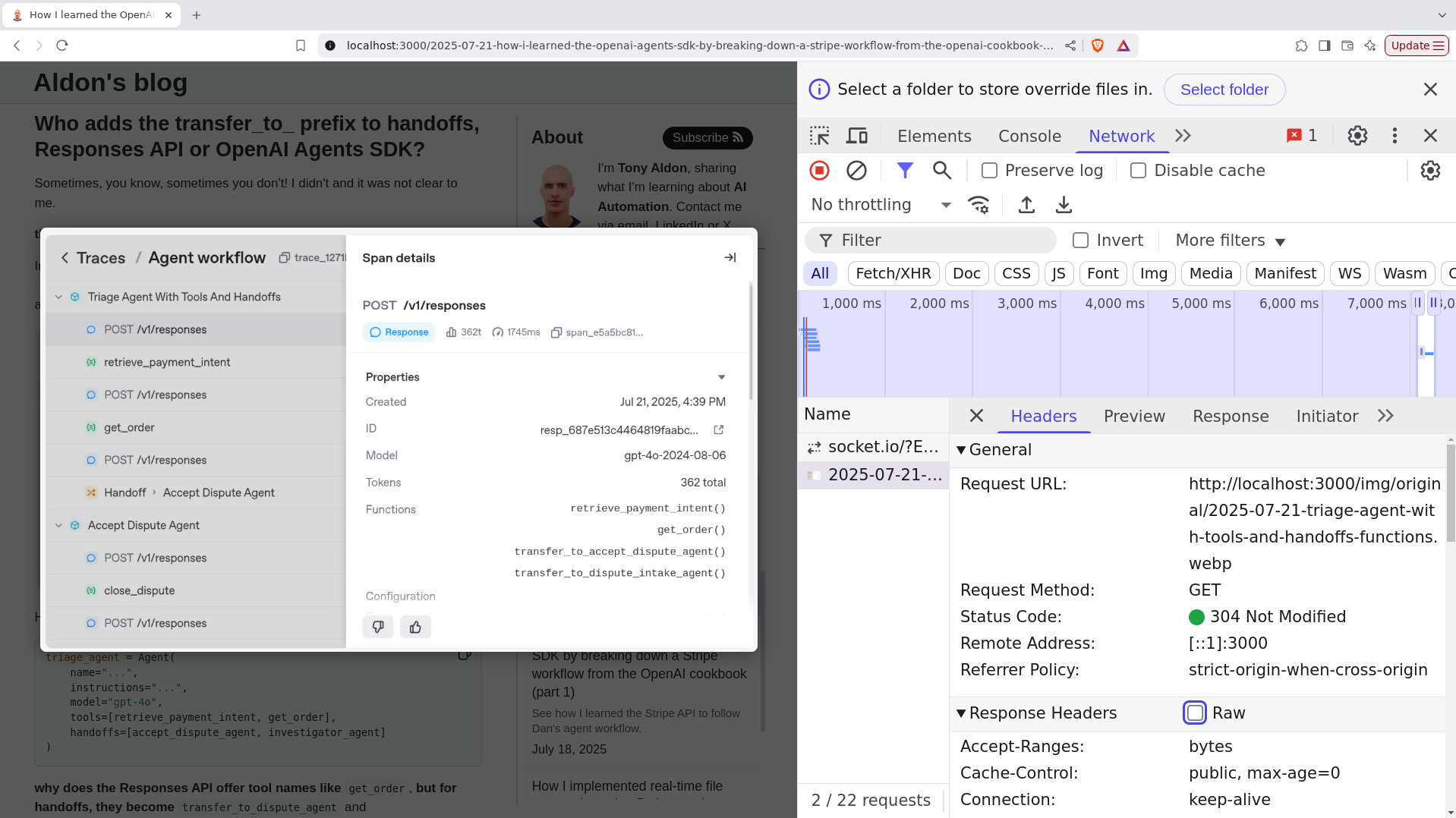 Screenshot of Chrome DevTools Network tab displaying a refetched image from tonyaldon.com, highlighting the HTTP Cache-Control header and 304 Not Modified status code. Demonstrates efficient image caching and HTTP header configuration for AI automation blog.
