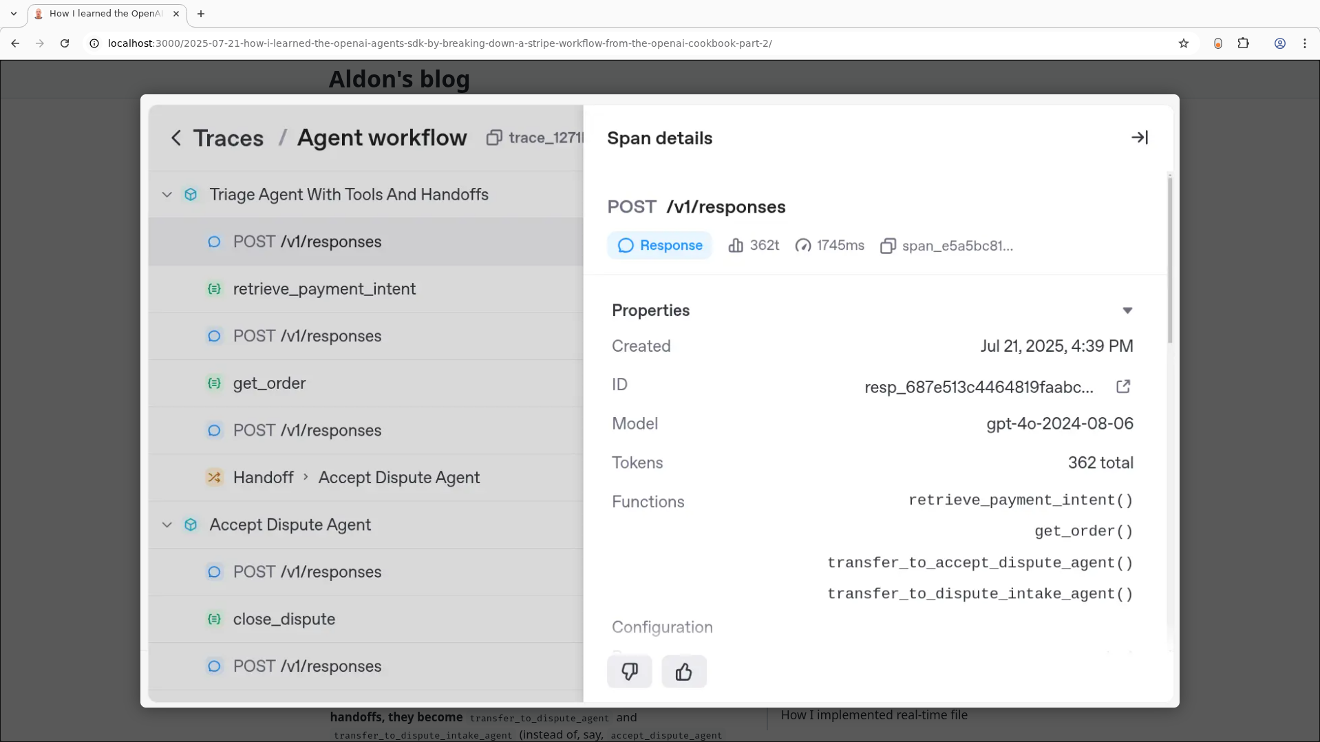 Zoomed-in view of the Detailed OpenAI Traces user interface, highlighting AI agent workflow steps and span analytics for real-world automation processes, as shown in a modal window.  Screenshot from tonyaldon.com, exploring practical LLM automation, troubleshooting, and workflow optimization.
