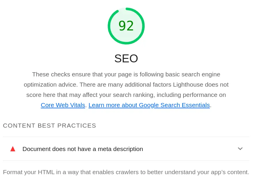 Lighthouse SEO audit result showing a score of 92 for tonyaldon.com, with a warning stating 'document does not have a meta description'