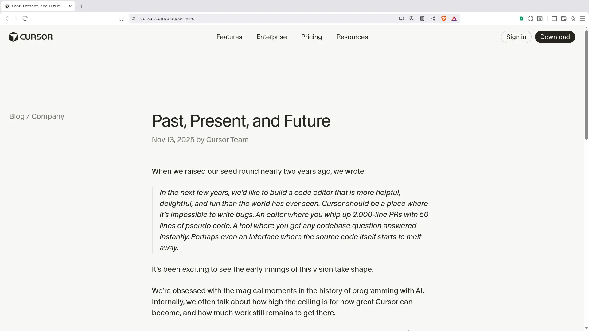 Screenshot from Cursor AI blog detailing Past, Present, and Future of fundraising, highlighting Series D funding round, AI developer tools roadmap, and growth plans.