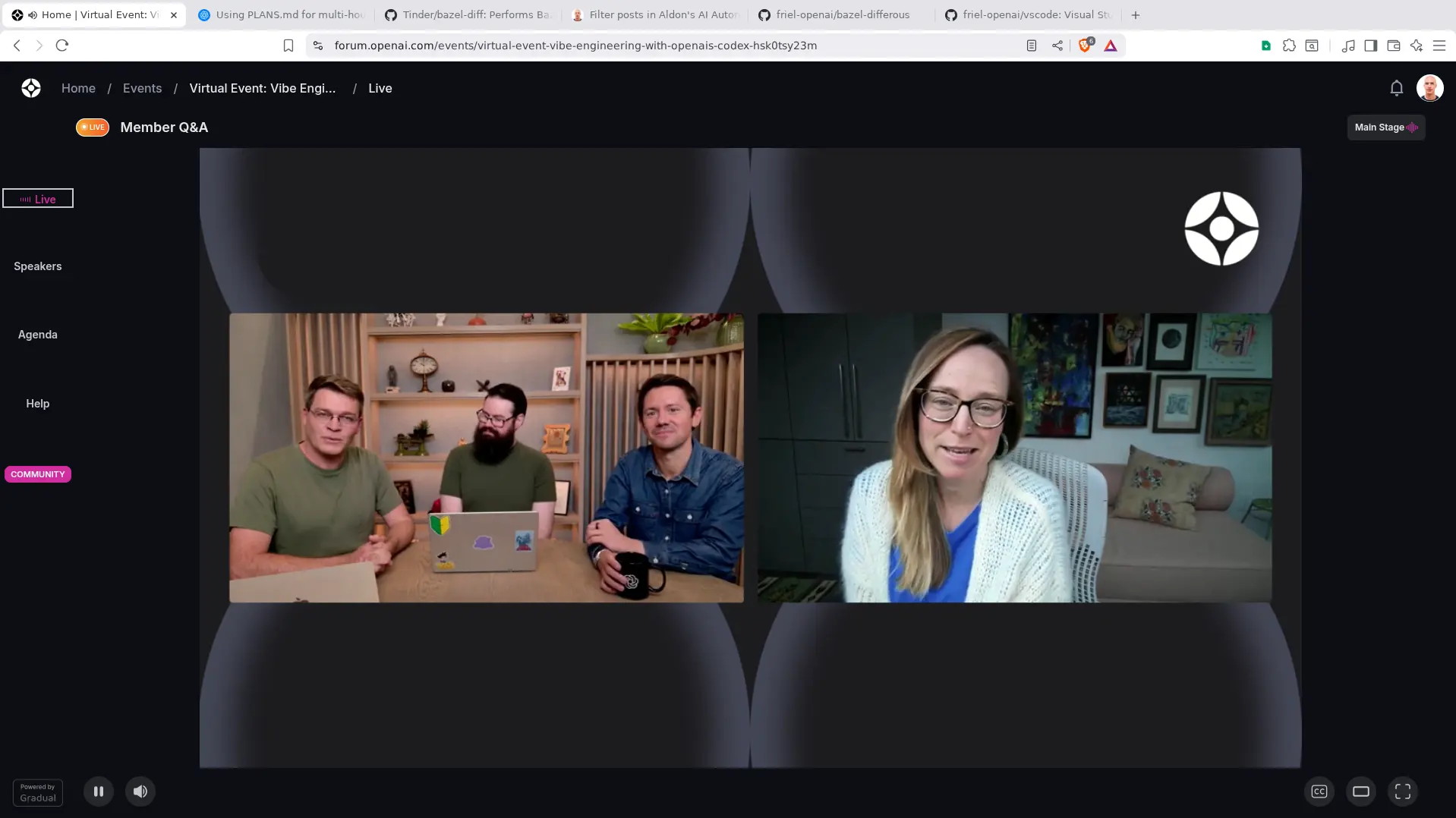 Vibe Engineering with OpenAI Codex - live AI automation event featuring Romain Huet, Aaron Friel, Chris Nicholson, and Natalie Cone discussing practical LLM workflows, coding assistants, and real-world AI developer tools