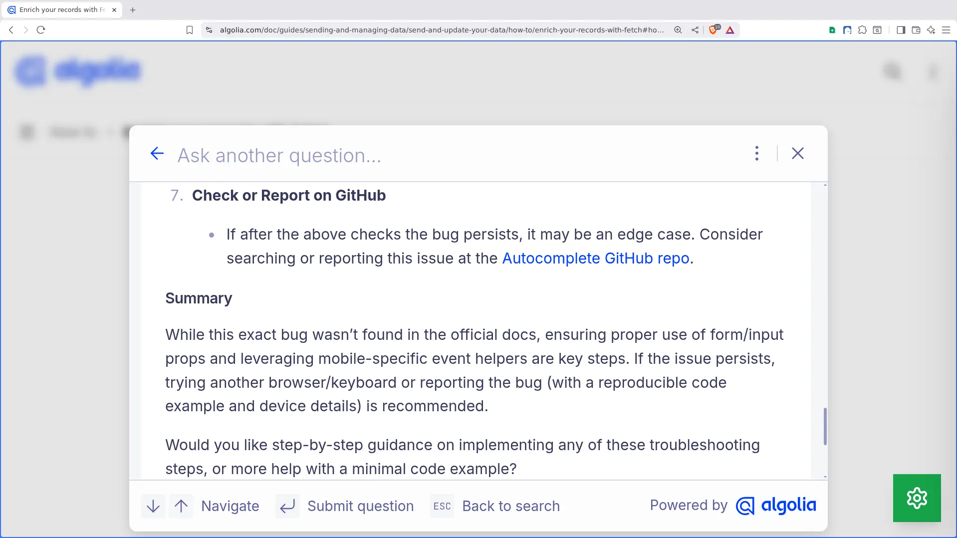 Algolia AI assistant cannot find solutions to problems listed in the Algolia Autocomplete GitHub issues