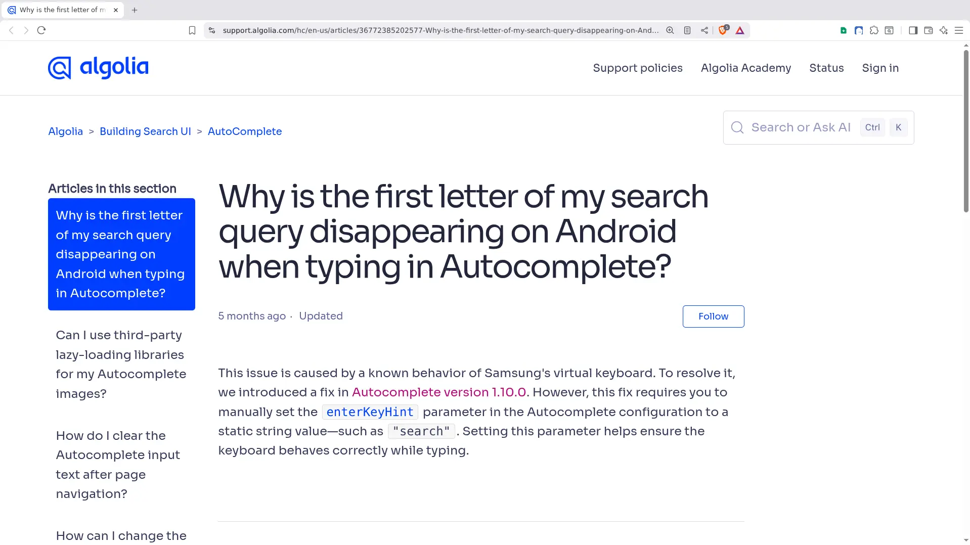 Algolia customer support troubleshooting: first letter of search query disappearing on Android devices when typing in Autocomplete search interface