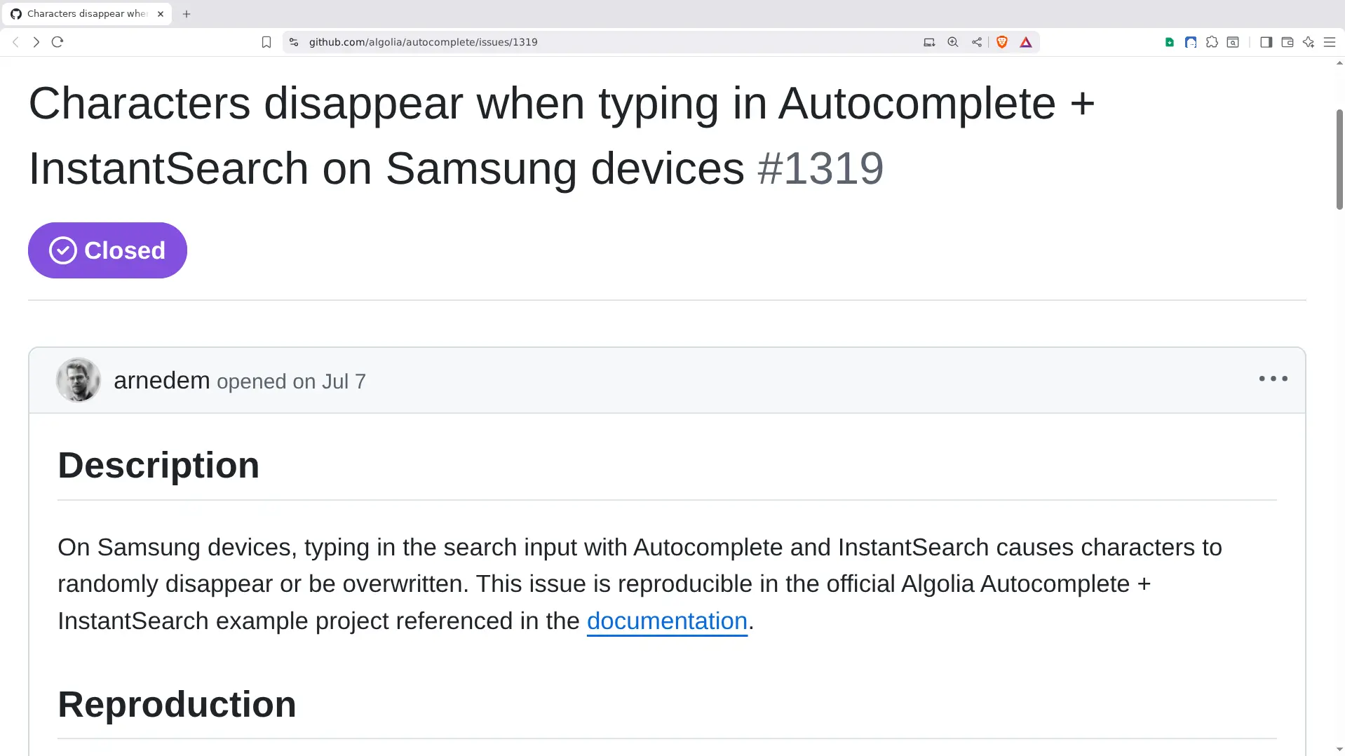 GitHub issue 1319: characters disappear when typing in Autocomplete plus InstantSearch on Samsung mobile devices
