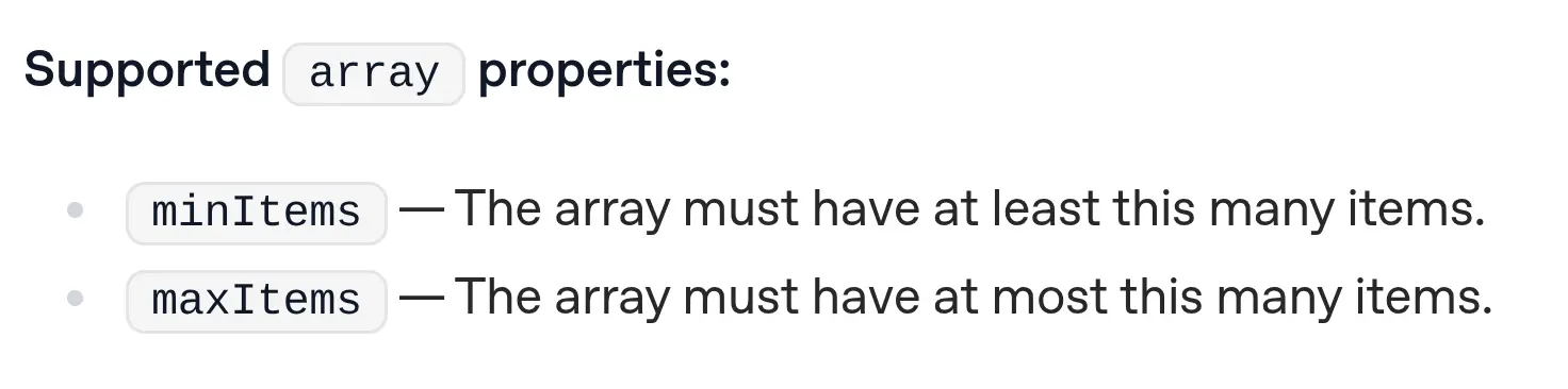OpenAI Docs structured output (Responses API) - Supported array properties in JSON schema